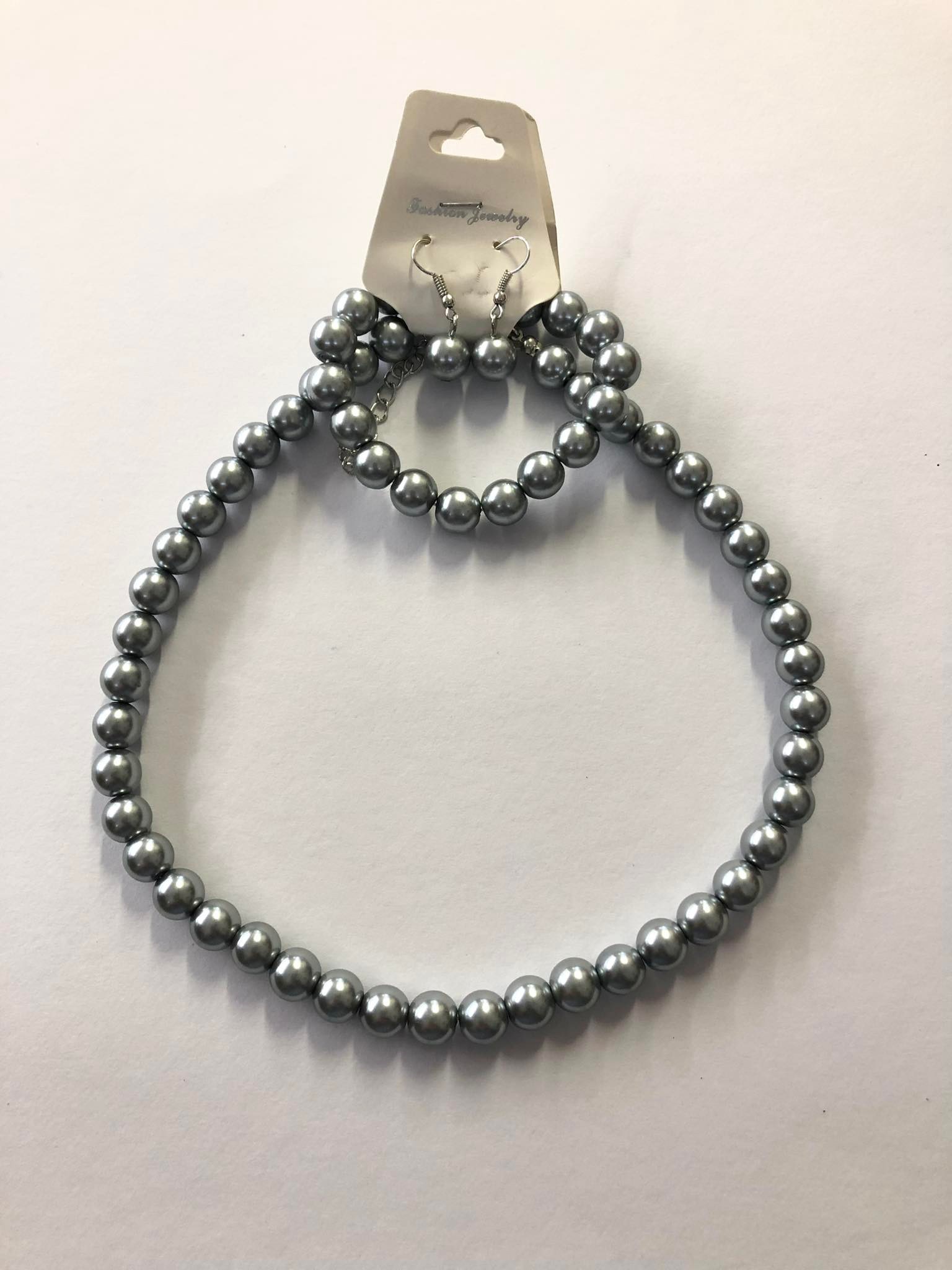 Sada perličky náhrdelník, náramek a naušnice - šedá