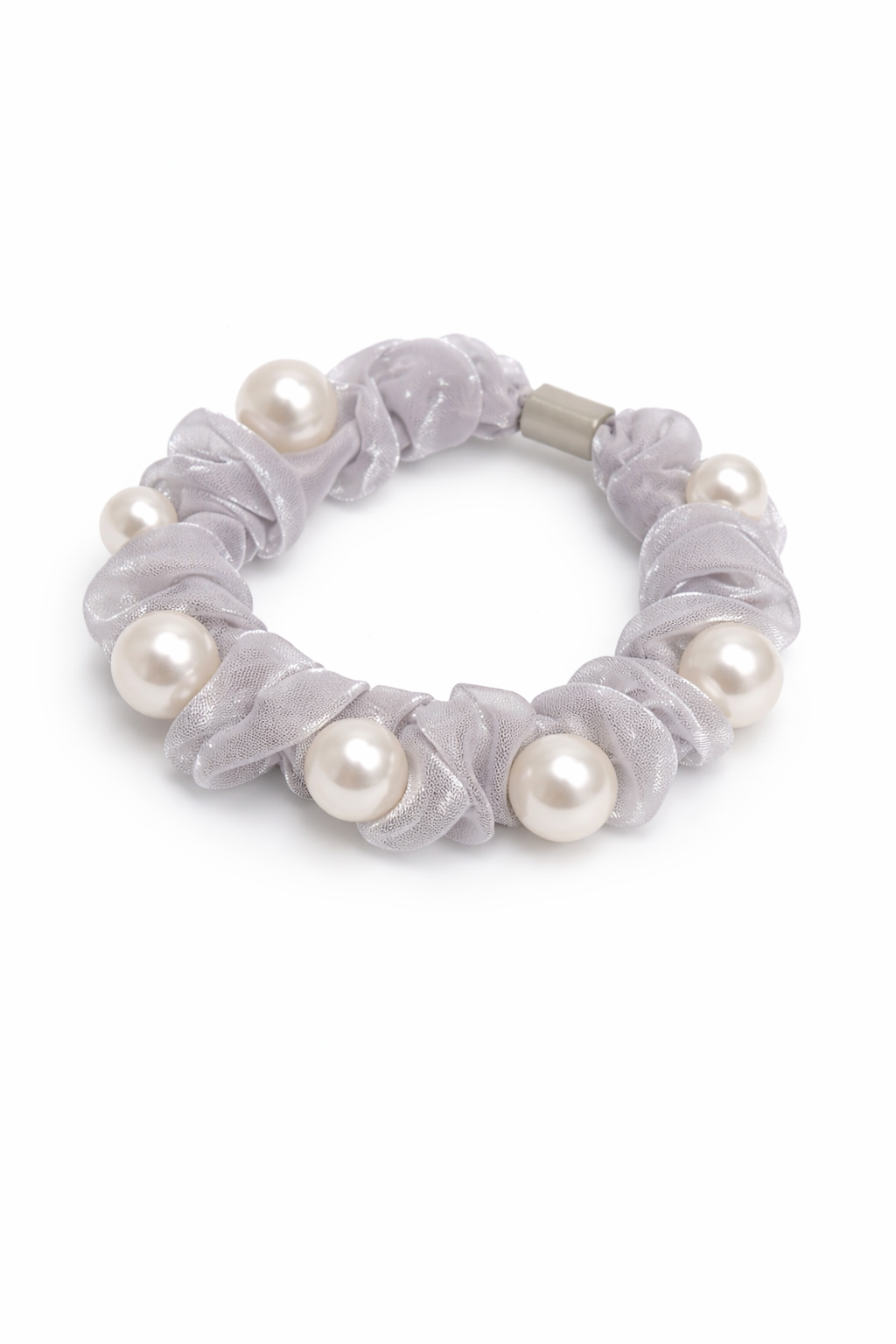 Gumička scrunchie s perličkami šedá