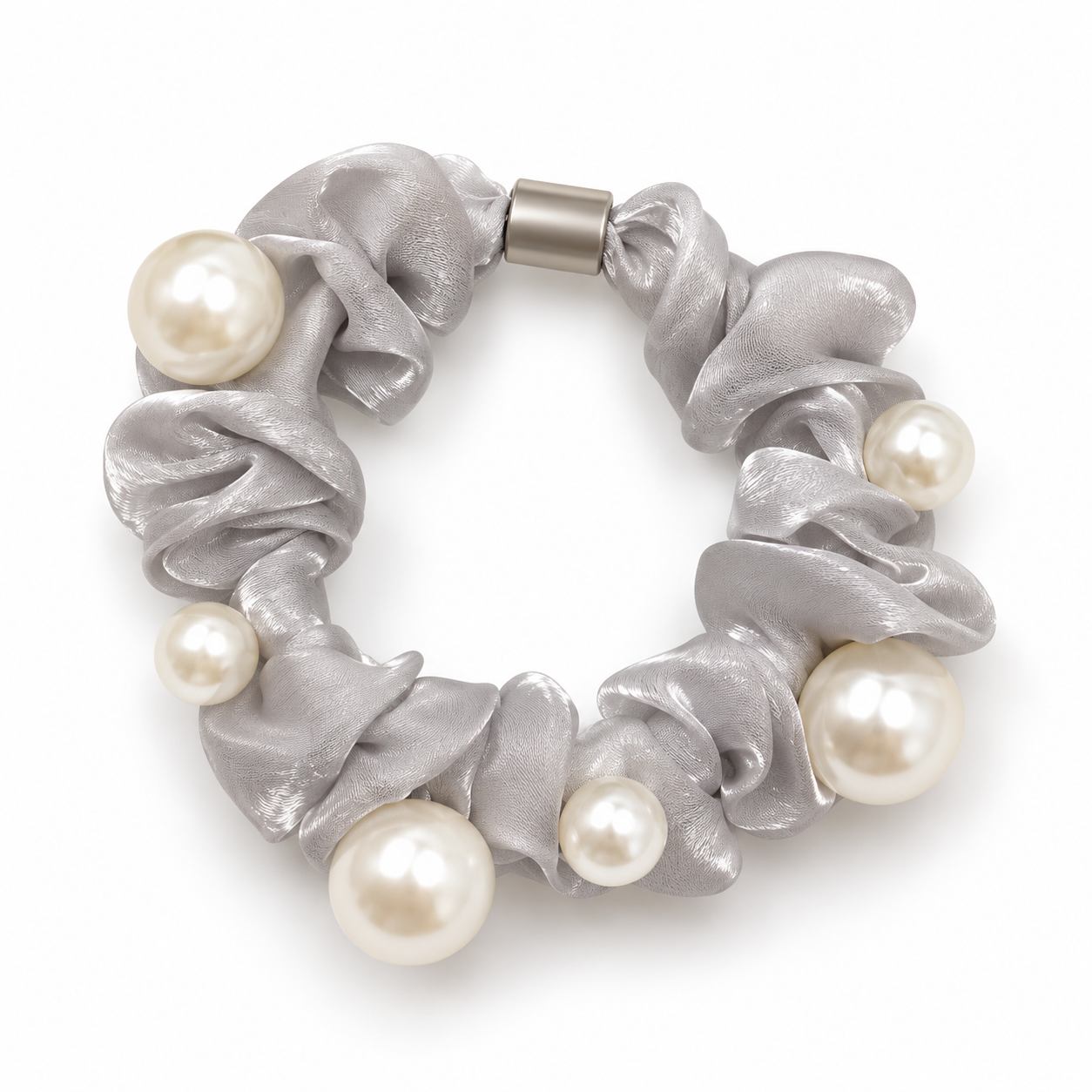 Gumička scrunchie s perličkami - šedá