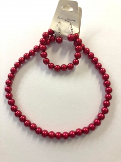 Sada perličky náhrdelník, náramek a naušnice - červená