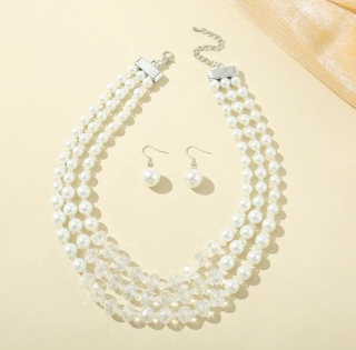 Sada náhrdelník a naušnice perličky - bílá