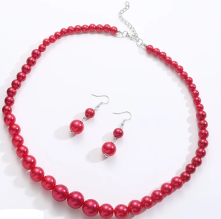 Sada náhrdelník a naušnice perličky - červené